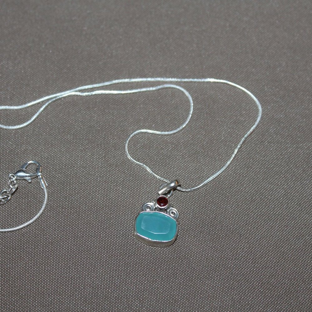 Natural Aquamarine Chalcedony & Garnet 925 Sterling Silver Pendant necklace - Picture 5 of 5